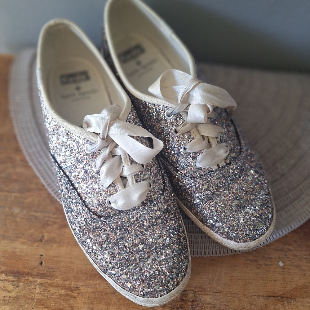Keds x Kate Spade silver glitter ribbon laces sneakers 7